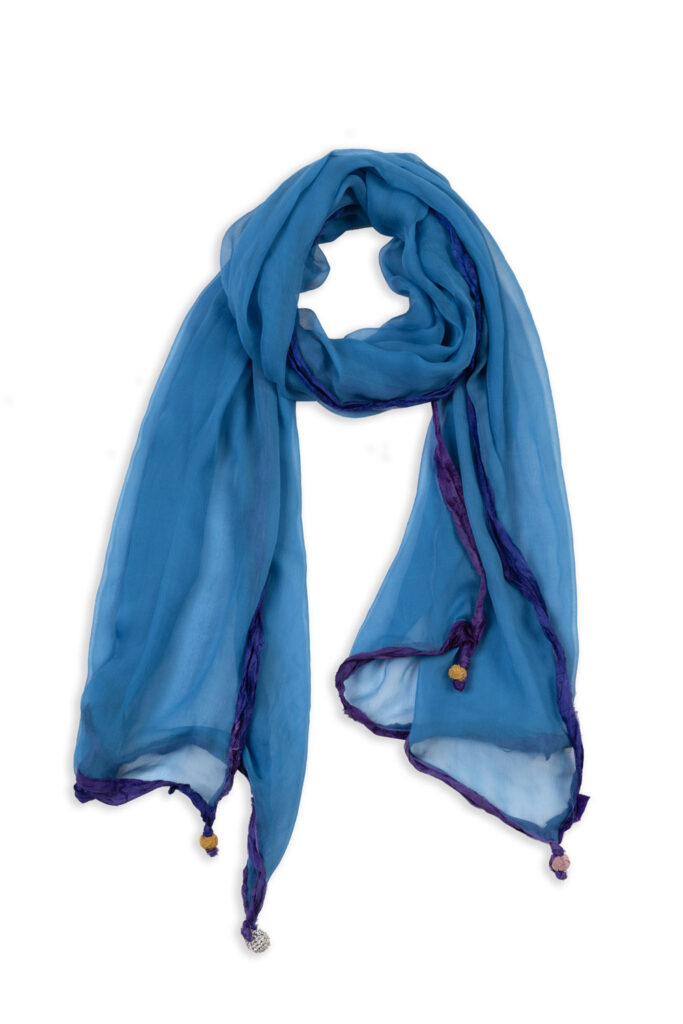 SCARF BLUE SILK WITH PURPLE RIBBONS
