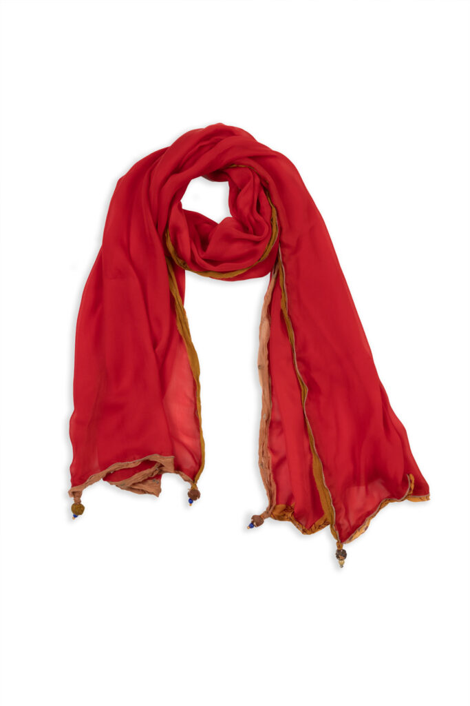 SCARF RED SILK WITH MUSTARD RIBBONS